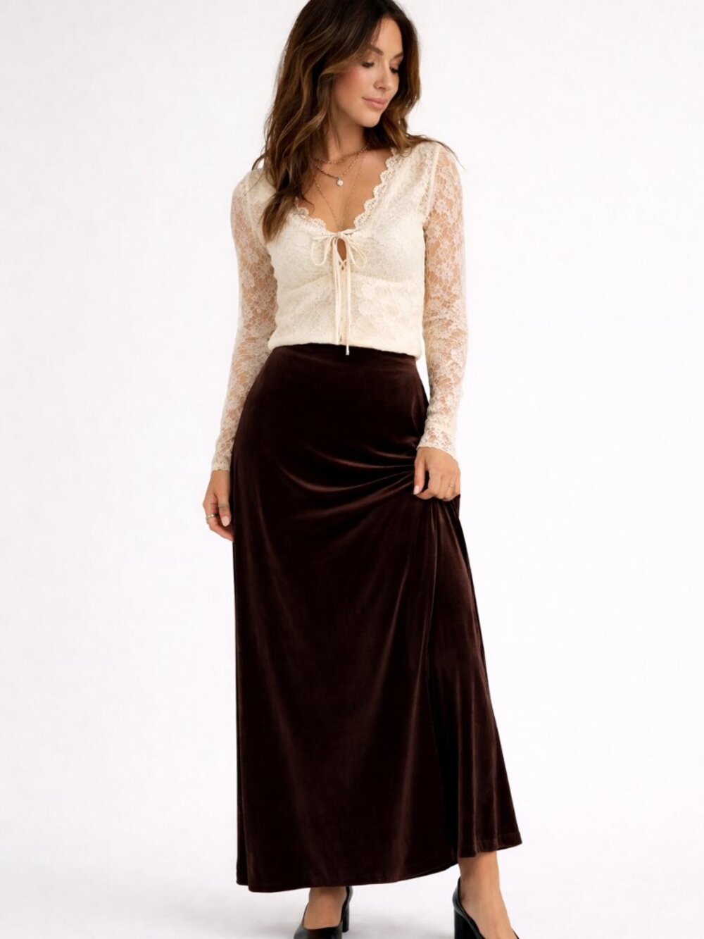 Vintage Brown Velvet Maxi Skirt 90s Boho Romantic | Large